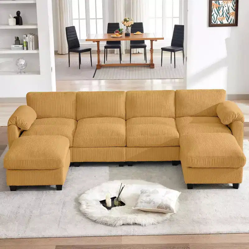Canapé modulable en velours côtelé HYLEORY avec double ottoman mobile, canapé rembourré confortable en forme de U avec coussin de siège à deux couches pour le salon
