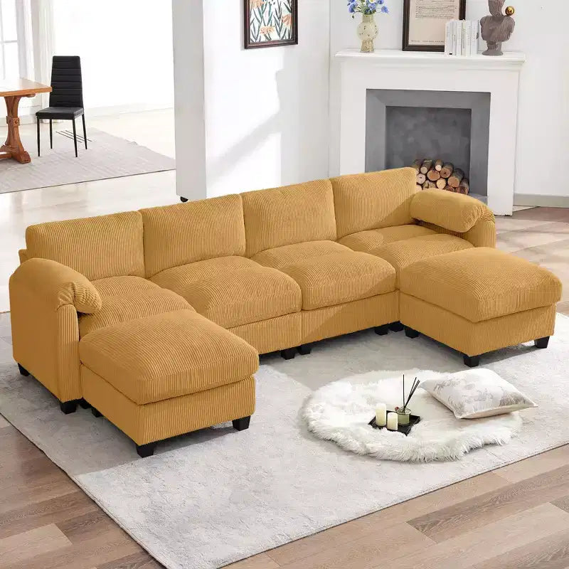 Canapé modulable en velours côtelé HYLEORY avec double ottoman mobile, canapé rembourré confortable en forme de U avec coussin de siège à deux couches pour le salon