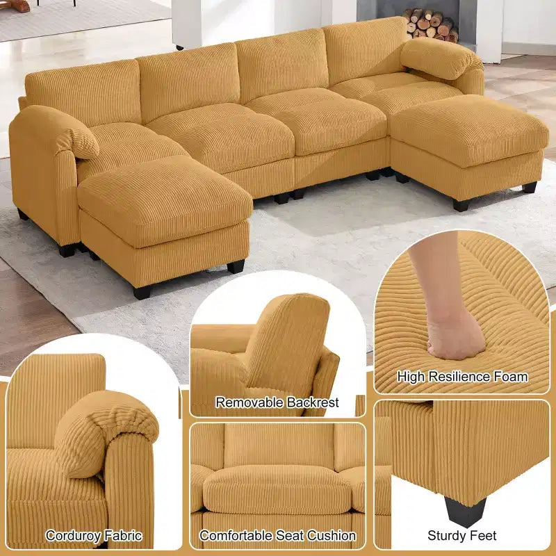 Canapé modulable en velours côtelé HYLEORY avec double ottoman mobile, canapé rembourré confortable en forme de U avec coussin de siège à deux couches pour le salon