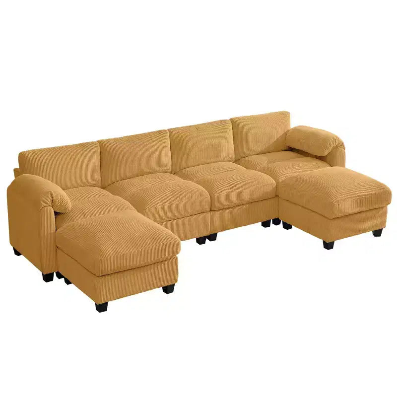Canapé modulable en velours côtelé HYLEORY avec double ottoman mobile, canapé rembourré confortable en forme de U avec coussin de siège à deux couches pour le salon