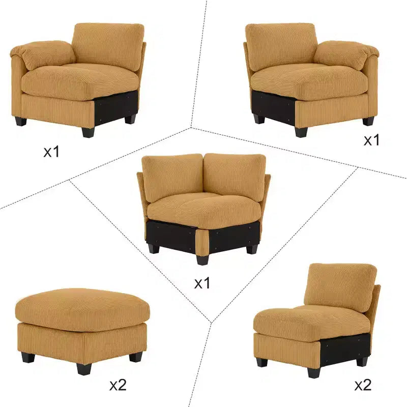 Canapé modulable en velours côtelé HYLEORY avec double ottoman mobile, canapé rembourré confortable en forme de U avec coussin de siège à deux couches pour le salon