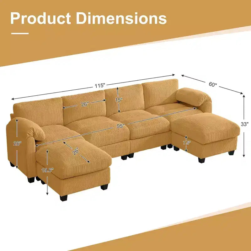 Canapé modulable en velours côtelé HYLEORY avec double ottoman mobile, canapé rembourré confortable en forme de U avec coussin de siège à deux couches pour le salon