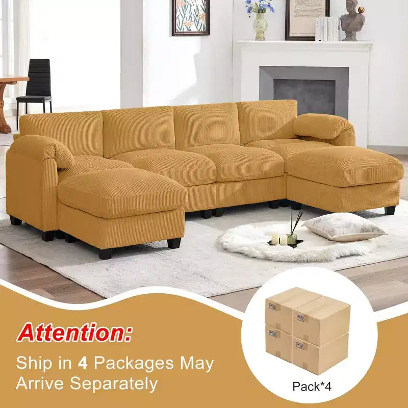 Canapé modulable en velours côtelé HYLEORY avec double ottoman mobile, canapé rembourré confortable en forme de U avec coussin de siège à deux couches pour le salon