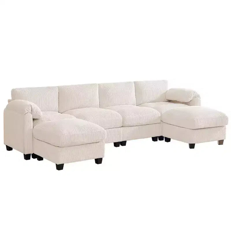 Canapé modulable en velours côtelé HYLEORY avec double ottoman mobile, canapé rembourré confortable en forme de U avec coussin de siège à deux couches pour le salon