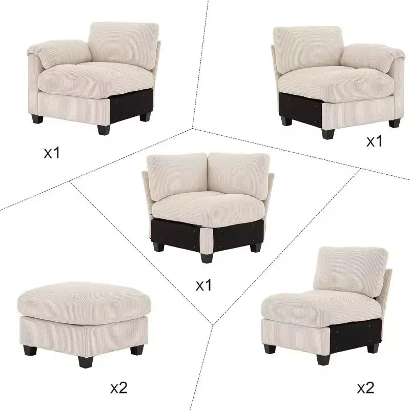 Canapé modulable en velours côtelé HYLEORY avec double ottoman mobile, canapé rembourré confortable en forme de U avec coussin de siège à deux couches pour le salon
