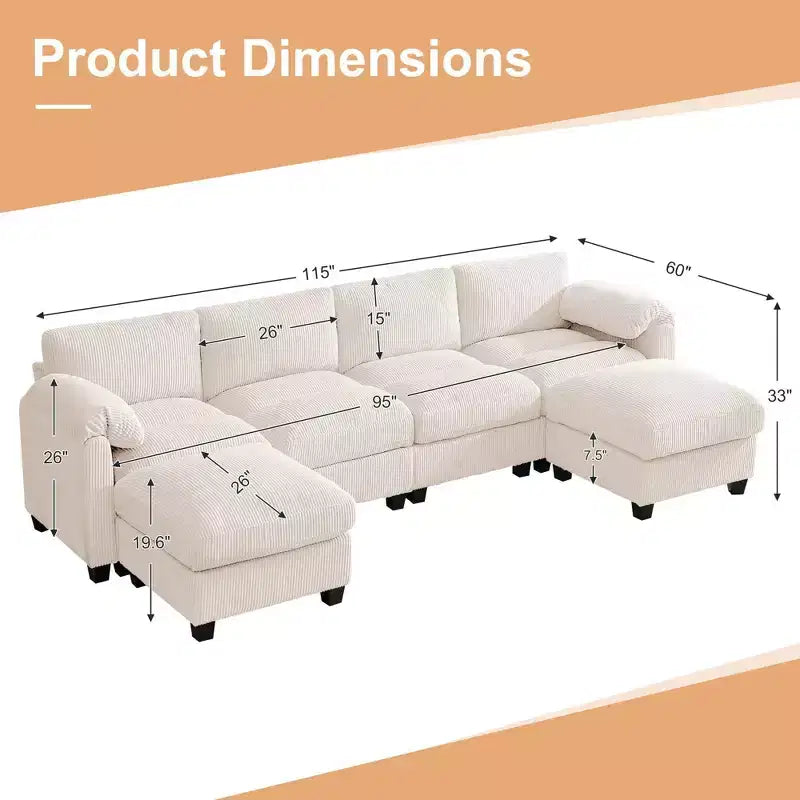 Canapé modulable en velours côtelé HYLEORY avec double ottoman mobile, canapé rembourré confortable en forme de U avec coussin de siège à deux couches pour le salon