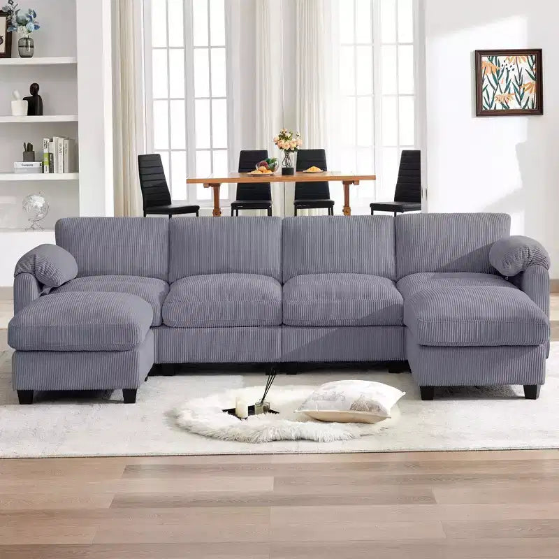 Canapé modulable en velours côtelé HYLEORY avec double ottoman mobile, canapé rembourré confortable en forme de U avec coussin de siège à deux couches pour le salon