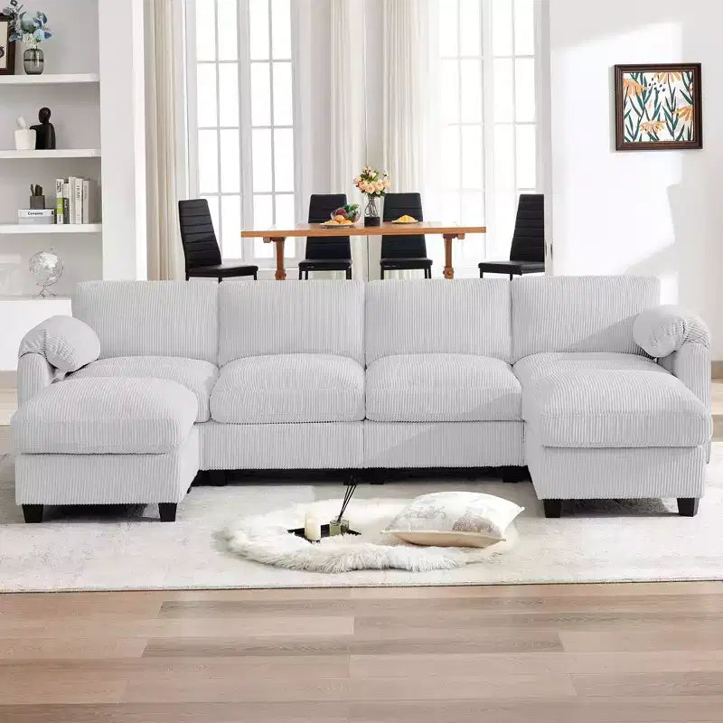 Canapé modulable en velours côtelé HYLEORY avec double ottoman mobile, canapé rembourré confortable en forme de U avec coussin de siège à deux couches pour le salon