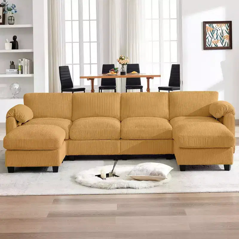 Canapé modulable en velours côtelé HYLEORY avec double ottoman mobile, canapé rembourré confortable en forme de U avec coussin de siège à deux couches pour le salon