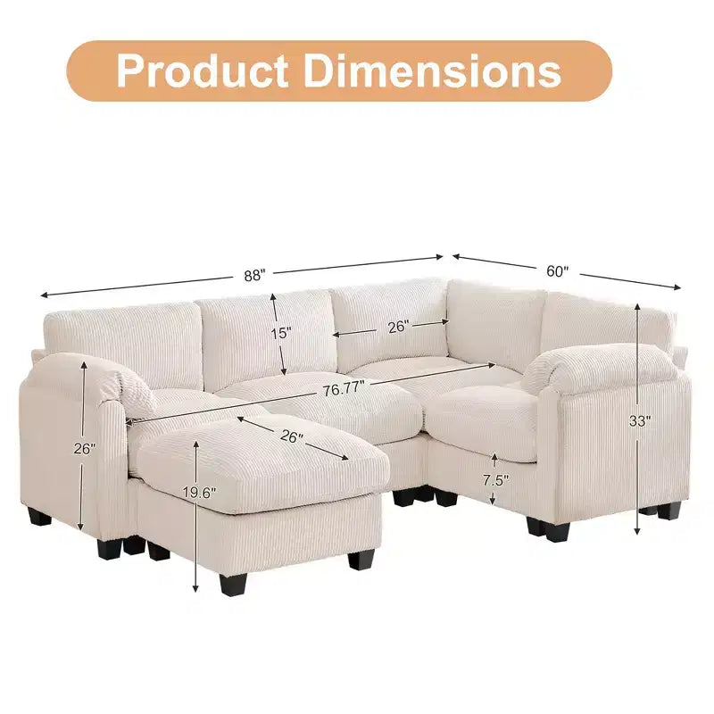 HYLEORY Canapé d'angle modulable avec ottoman mobile, canapé rembourré confortable en forme de U avec coussin d'assise à deux couches pour salon, velours côtelé