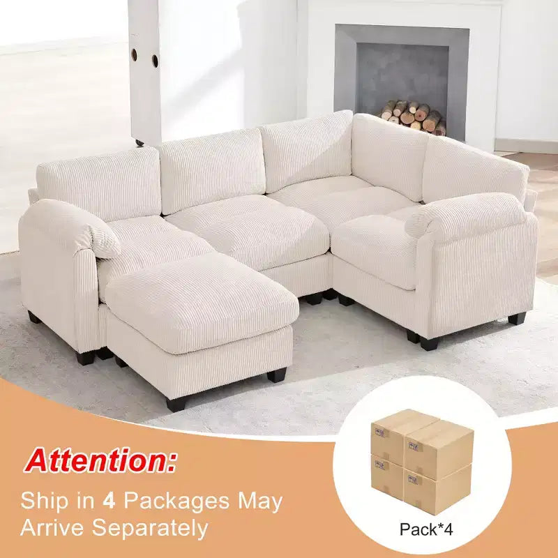 HYLEORY Canapé d'angle modulable avec ottoman mobile, canapé rembourré confortable en forme de U avec coussin d'assise à deux couches pour salon, velours côtelé