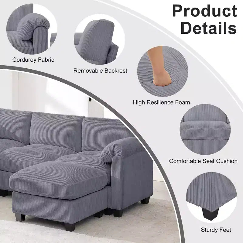 HYLEORY Canapé d'angle modulable avec ottoman mobile, canapé rembourré confortable en forme de U avec coussin d'assise à deux couches pour salon, velours côtelé