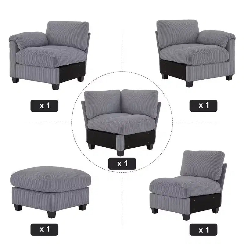 HYLEORY Canapé d'angle modulable avec ottoman mobile, canapé rembourré confortable en forme de U avec coussin d'assise à deux couches pour salon, velours côtelé