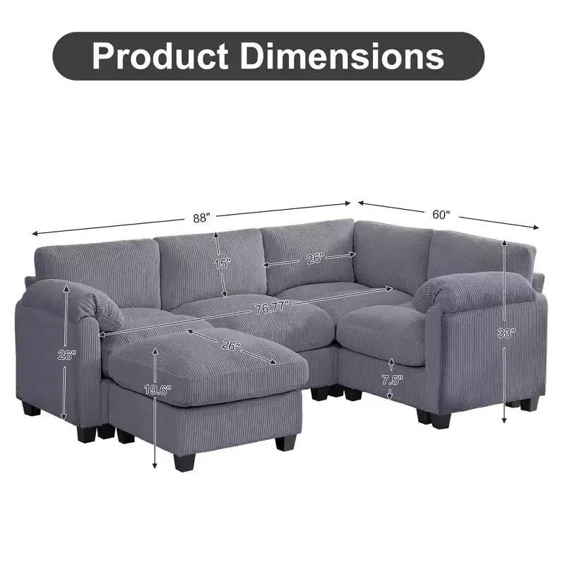 HYLEORY Canapé d'angle modulable avec ottoman mobile, canapé rembourré confortable en forme de U avec coussin d'assise à deux couches pour salon, velours côtelé