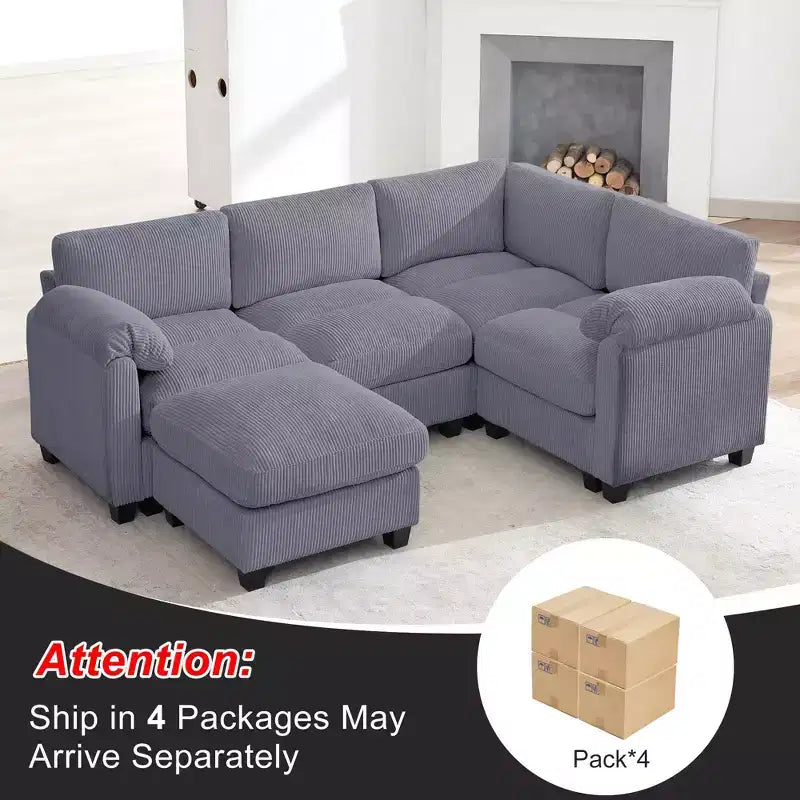 HYLEORY Canapé d'angle modulable avec ottoman mobile, canapé rembourré confortable en forme de U avec coussin d'assise à deux couches pour salon, velours côtelé