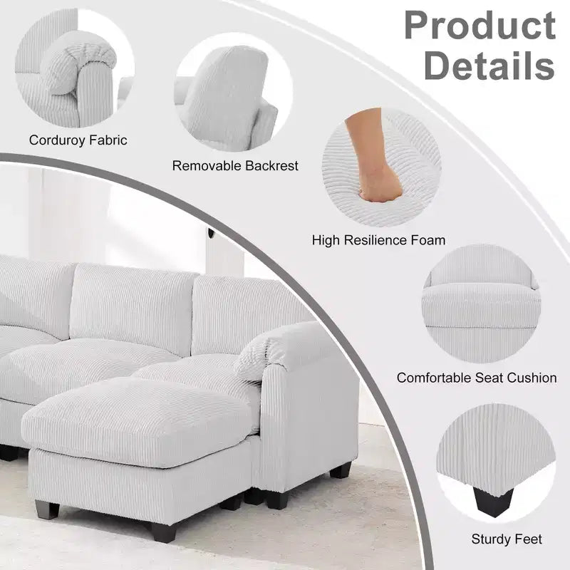HYLEORY Canapé d'angle modulable avec ottoman mobile, canapé rembourré confortable en forme de U avec coussin d'assise à deux couches pour salon, velours côtelé