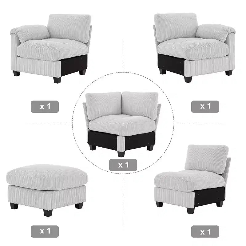 HYLEORY Canapé d'angle modulable avec ottoman mobile, canapé rembourré confortable en forme de U avec coussin d'assise à deux couches pour salon, velours côtelé