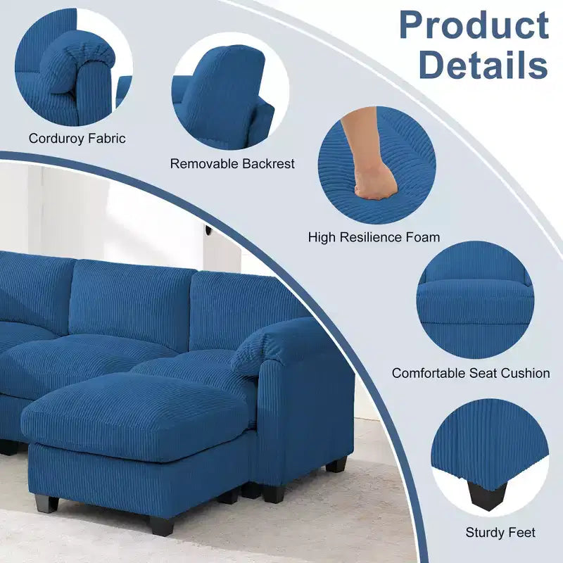 HYLEORY Canapé d'angle modulable avec ottoman mobile, canapé rembourré confortable en forme de U avec coussin d'assise à deux couches pour salon, velours côtelé