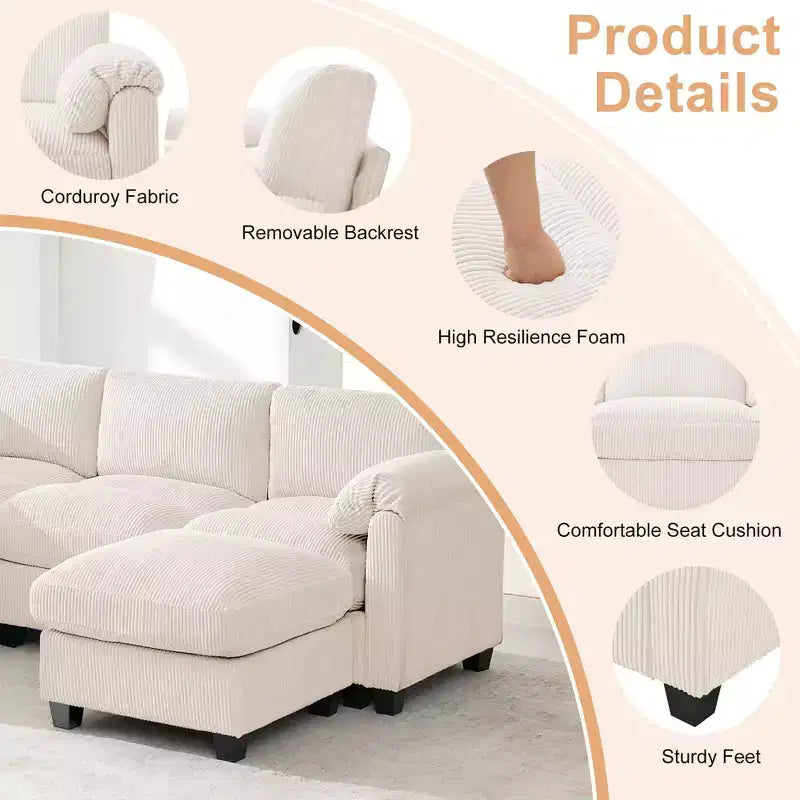 HYLEORY Canapé d'angle modulable avec ottoman mobile, canapé rembourré confortable en forme de U avec coussin d'assise à deux couches pour salon, velours côtelé