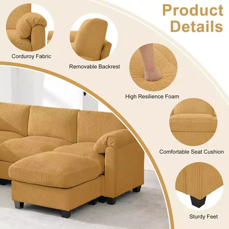 HYLEORY Canapé d'angle modulable avec ottoman mobile, canapé rembourré confortable en forme de U avec coussin d'assise à deux couches pour salon, velours côtelé