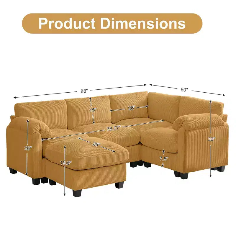 HYLEORY Canapé d'angle modulable avec ottoman mobile, canapé rembourré confortable en forme de U avec coussin d'assise à deux couches pour salon, velours côtelé