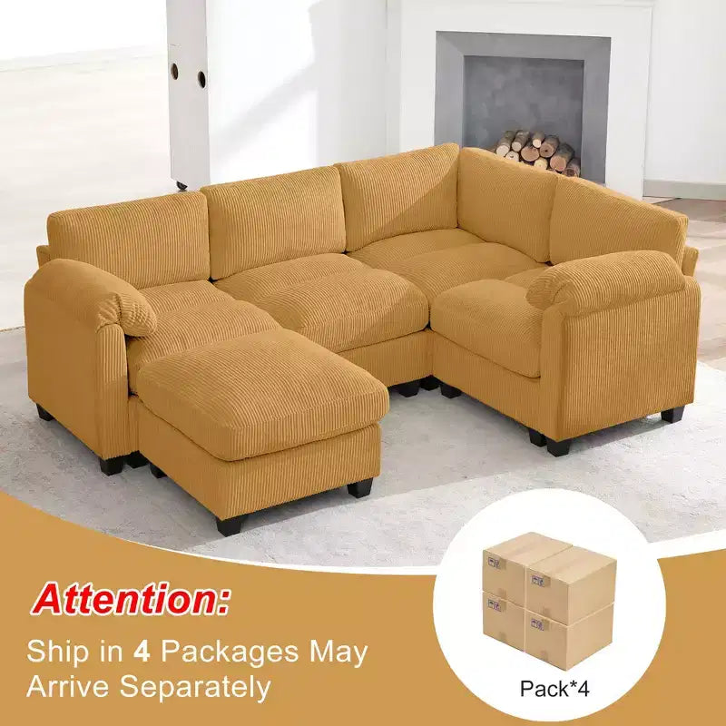 HYLEORY Canapé d'angle modulable avec ottoman mobile, canapé rembourré confortable en forme de U avec coussin d'assise à deux couches pour salon, velours côtelé