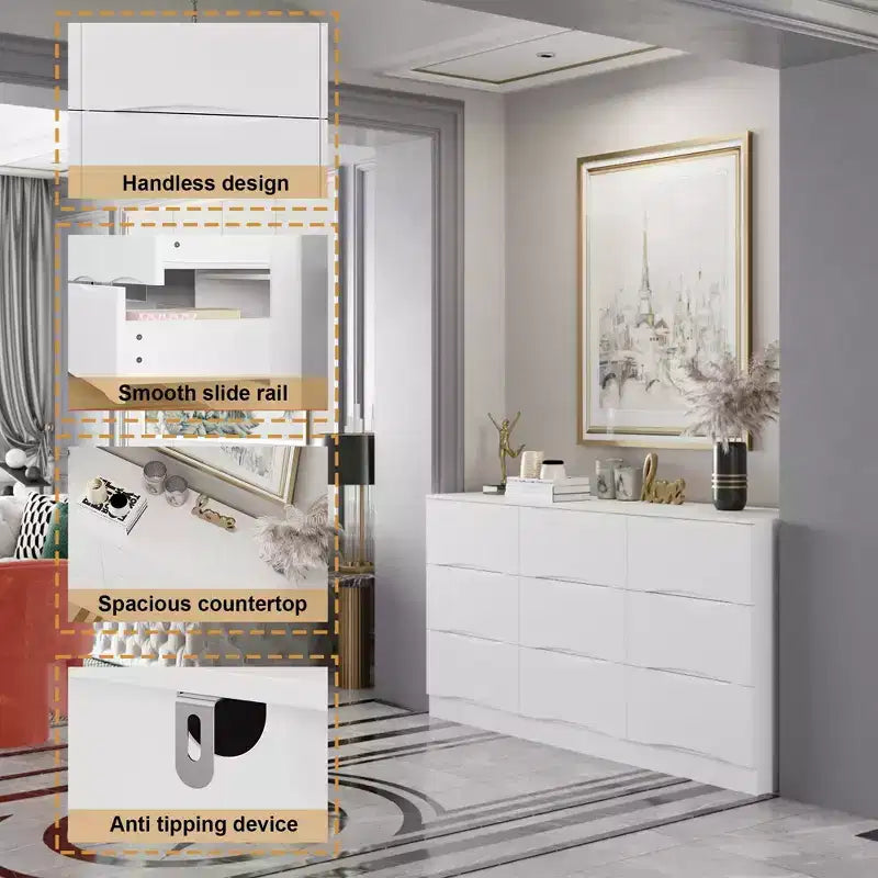 Commode horizontale Famapy pour chambre à coucher, moderne, minimaliste, poignées invisibles, blanc