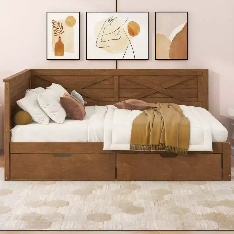 Lit de repos simple avec lit gigogne/2 tiroirs et garde-corps rustique, Gris/Marron-ModernLuxe