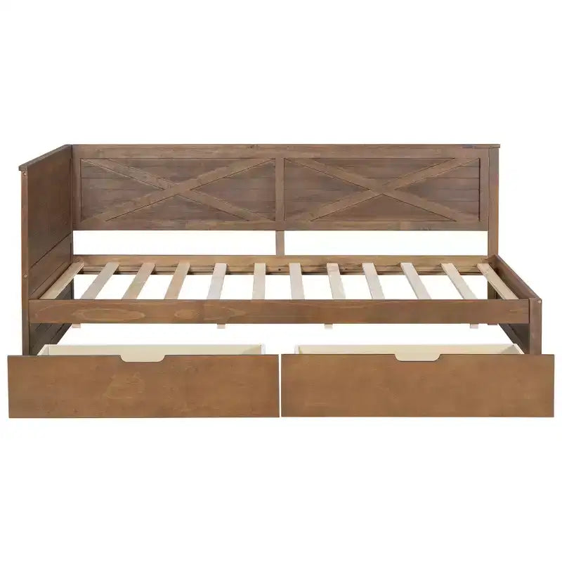 Lit de repos simple avec lit gigogne/2 tiroirs et garde-corps rustique, Gris/Marron-ModernLuxe