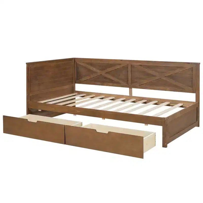 Lit de repos simple avec lit gigogne/2 tiroirs et garde-corps rustique, Gris/Marron-ModernLuxe