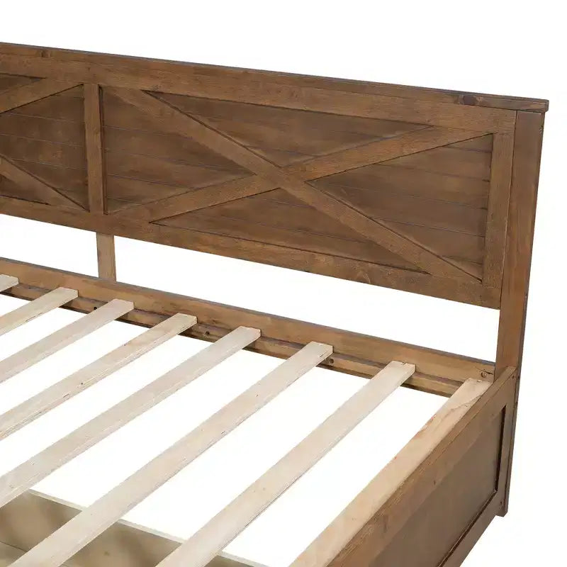 Lit de repos simple avec lit gigogne/2 tiroirs et garde-corps rustique, Gris/Marron-ModernLuxe