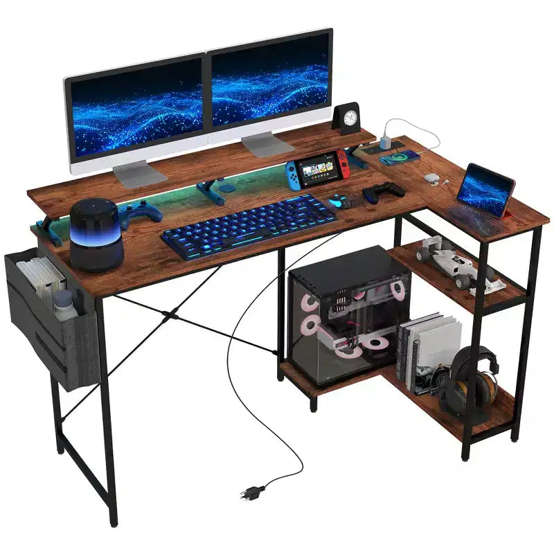 HOMCOM Bureau d'angle réversible en L de 147 cm avec sac de rangement, bureau d'ordinateur d'angle avec prise de courant et lumière LED, étagère pour moniteur et support d'unité centrale