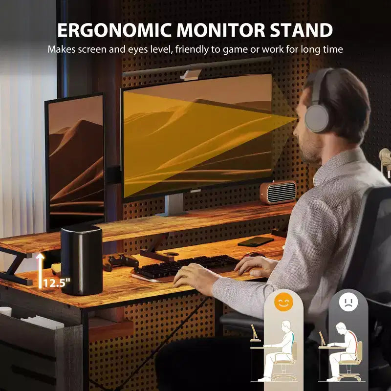 HOMCOM Bureau d'angle réversible en L de 147 cm avec sac de rangement, bureau d'ordinateur d'angle avec prise de courant et lumière LED, étagère pour moniteur et support d'unité centrale