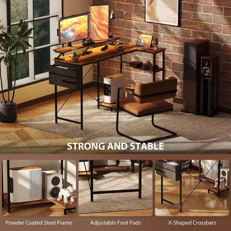 HOMCOM Bureau d'angle réversible en L de 147 cm avec sac de rangement, bureau d'ordinateur d'angle avec prise de courant et lumière LED, étagère pour moniteur et support d'unité centrale