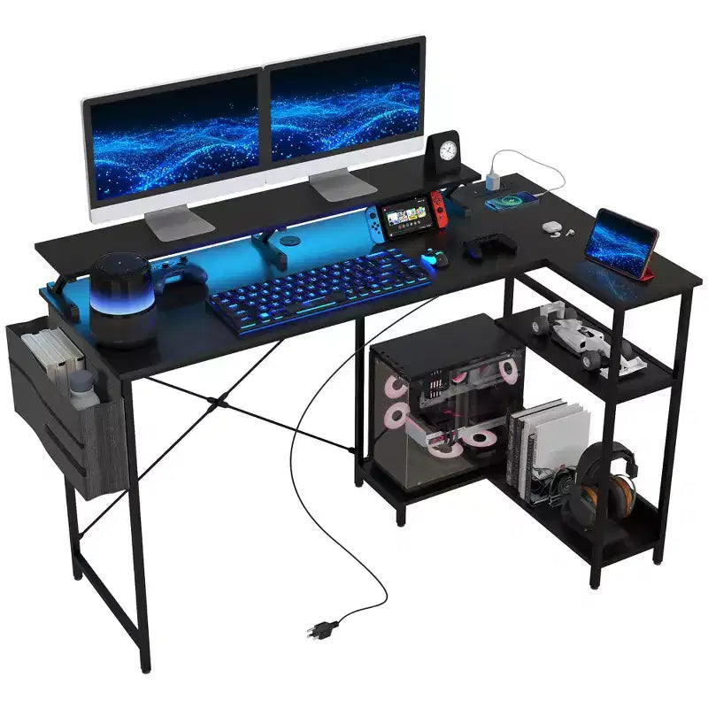 HOMCOM Bureau d'angle réversible en L de 147 cm avec sac de rangement, bureau d'ordinateur d'angle avec prise de courant et lumière LED, étagère pour moniteur et support d'unité centrale
