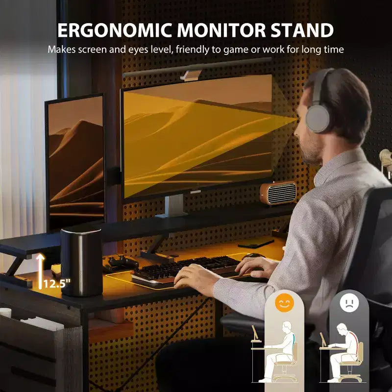 HOMCOM Bureau d'angle réversible en L de 147 cm avec sac de rangement, bureau d'ordinateur d'angle avec prise de courant et lumière LED, étagère pour moniteur et support d'unité centrale