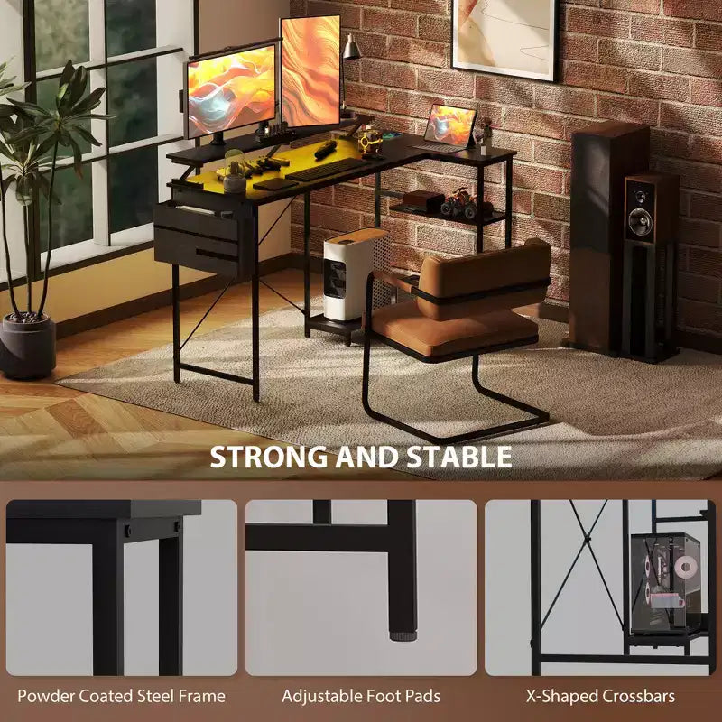 HOMCOM Bureau d'angle réversible en L de 147 cm avec sac de rangement, bureau d'ordinateur d'angle avec prise de courant et lumière LED, étagère pour moniteur et support d'unité centrale