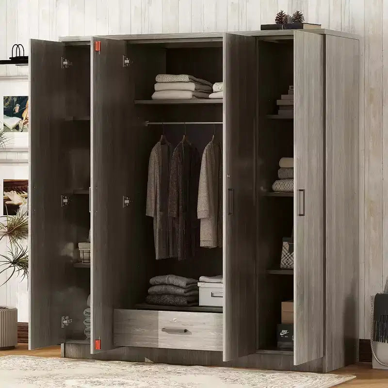 Armoire penderie 4 portes Whisen Wood avec tringle, 1 tiroir et étagères de rangement