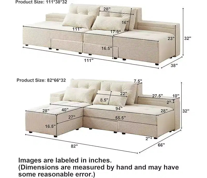 GDFStudio Andy 111 Canapé sectionnel modulaire rembourré avec 4 coussins et rangement