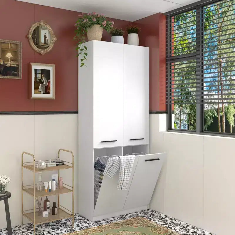 Famapy Modern White Bathroom Storage Unit with Lower - level Laundry Hamper
