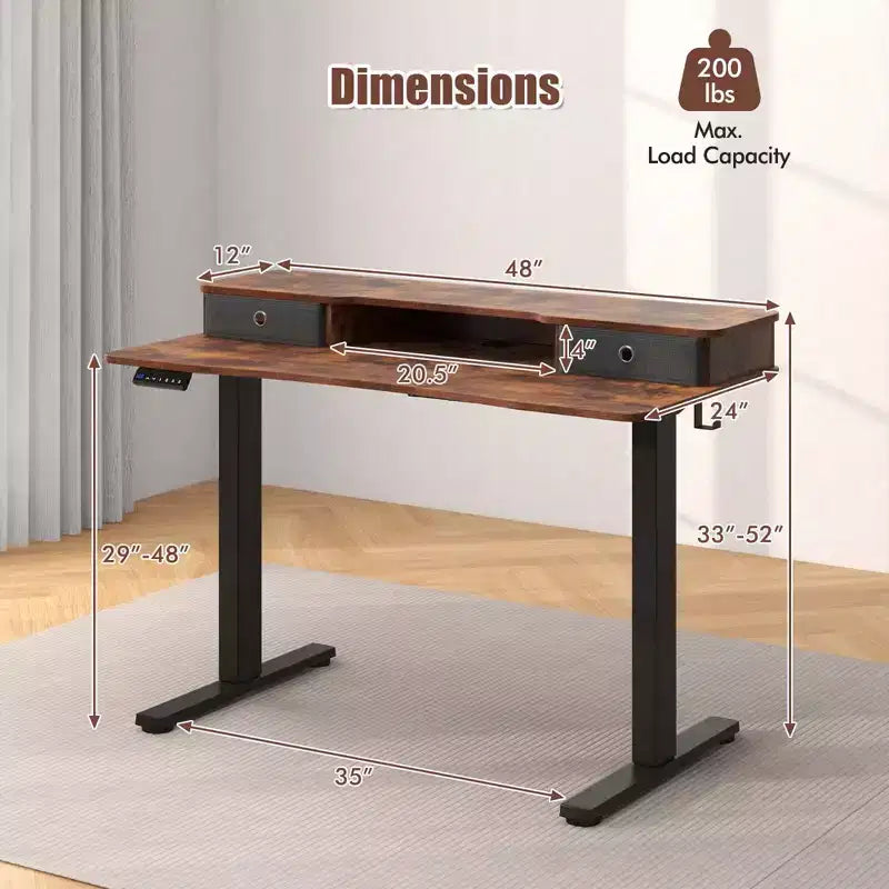 Bureau électrique assis-debout Costway 48x24 avec 2 tiroirs, support d'écran et étagère de rangement Marron/Noir/Blanc