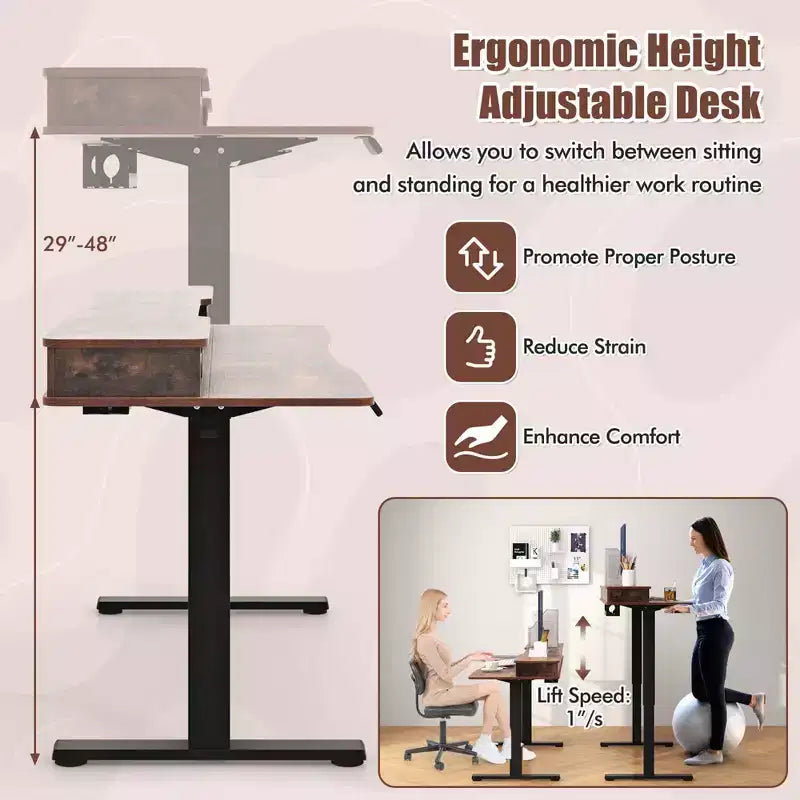 Bureau électrique assis-debout Costway 48x24 avec 2 tiroirs, support d'écran et étagère de rangement Marron/Noir/Blanc