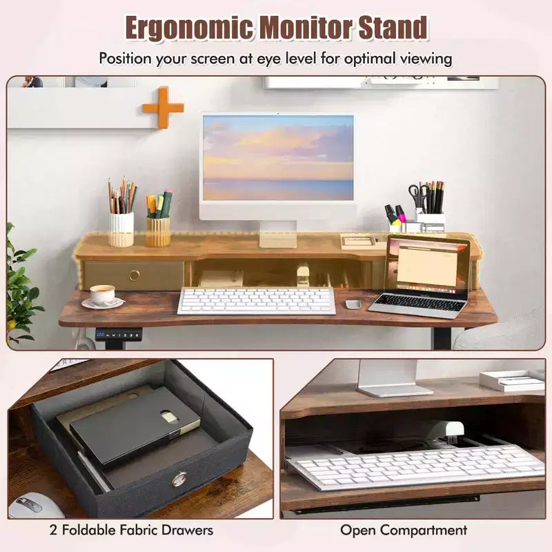 Bureau électrique assis-debout Costway 48x24 avec 2 tiroirs, support d'écran et étagère de rangement Marron/Noir/Blanc