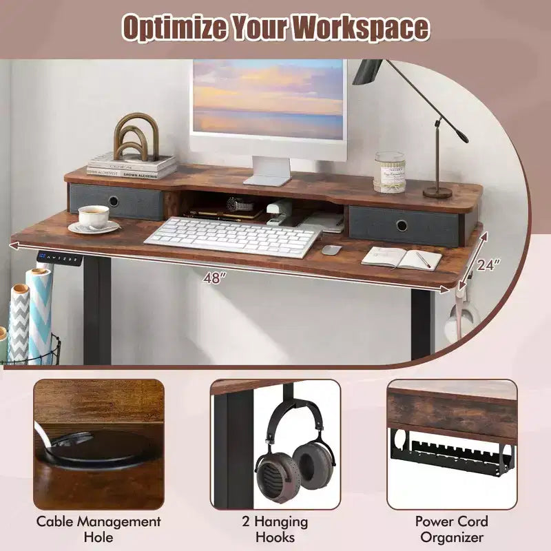 Bureau électrique assis-debout Costway 48x24 avec 2 tiroirs, support d'écran et étagère de rangement Marron/Noir/Blanc