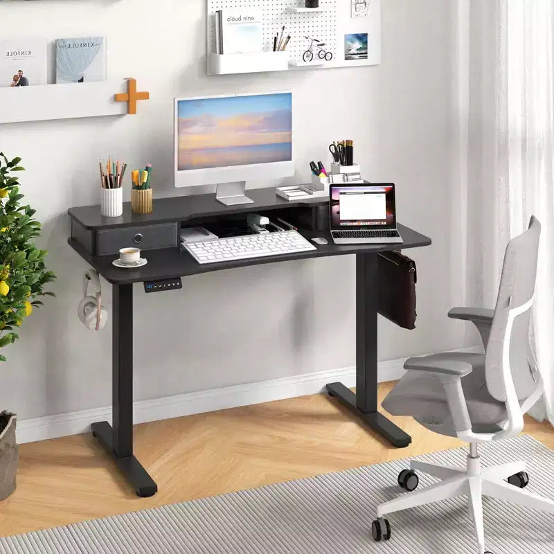 Bureau électrique assis-debout Costway 48x24 avec 2 tiroirs, support d'écran et étagère de rangement Marron/Noir/Blanc