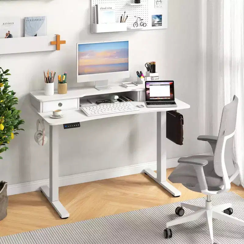 Bureau électrique assis-debout Costway 48x24 avec 2 tiroirs, support d'écran et étagère de rangement Marron/Noir/Blanc