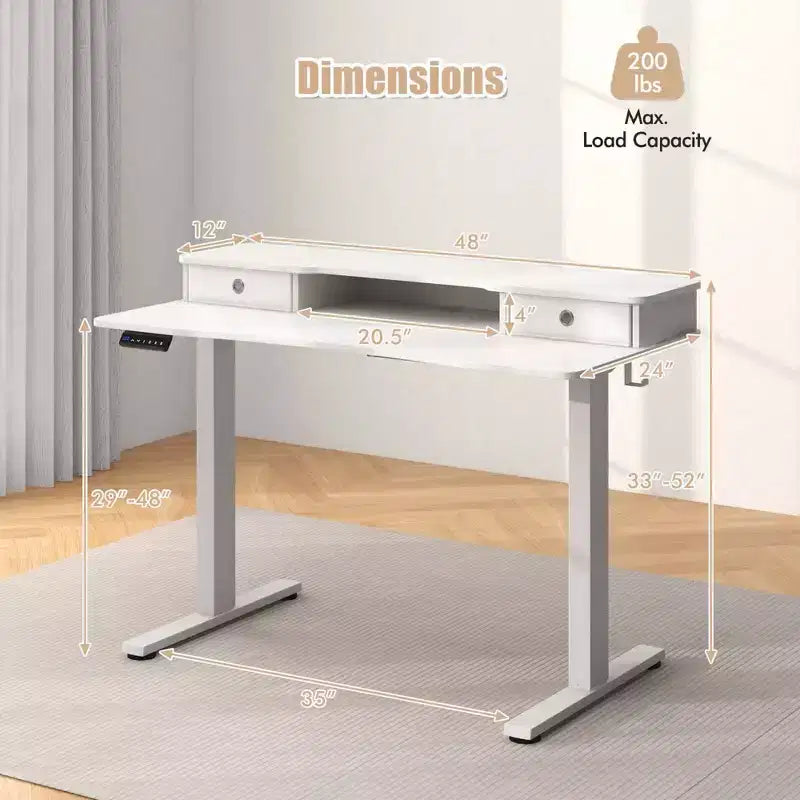 Bureau électrique assis-debout Costway 48x24 avec 2 tiroirs, support d'écran et étagère de rangement Marron/Noir/Blanc