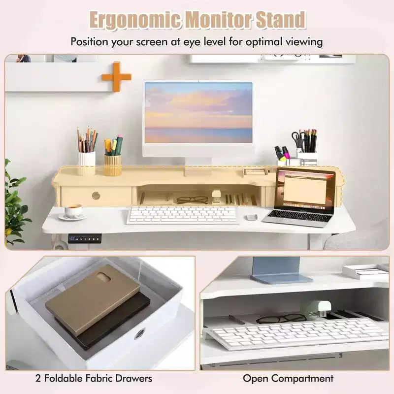 Bureau électrique assis-debout Costway 48x24 avec 2 tiroirs, support d'écran et étagère de rangement Marron/Noir/Blanc