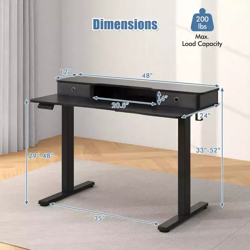 Bureau électrique assis-debout Costway 48x24 avec 2 tiroirs, support d'écran et étagère de rangement Marron/Noir/Blanc