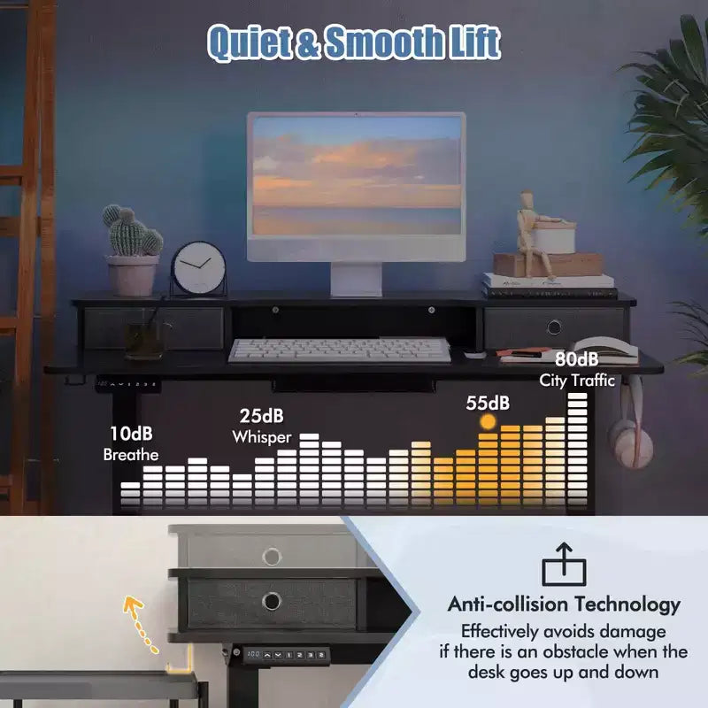 Bureau électrique assis-debout Costway 48x24 avec 2 tiroirs, support d'écran et étagère de rangement Marron/Noir/Blanc
